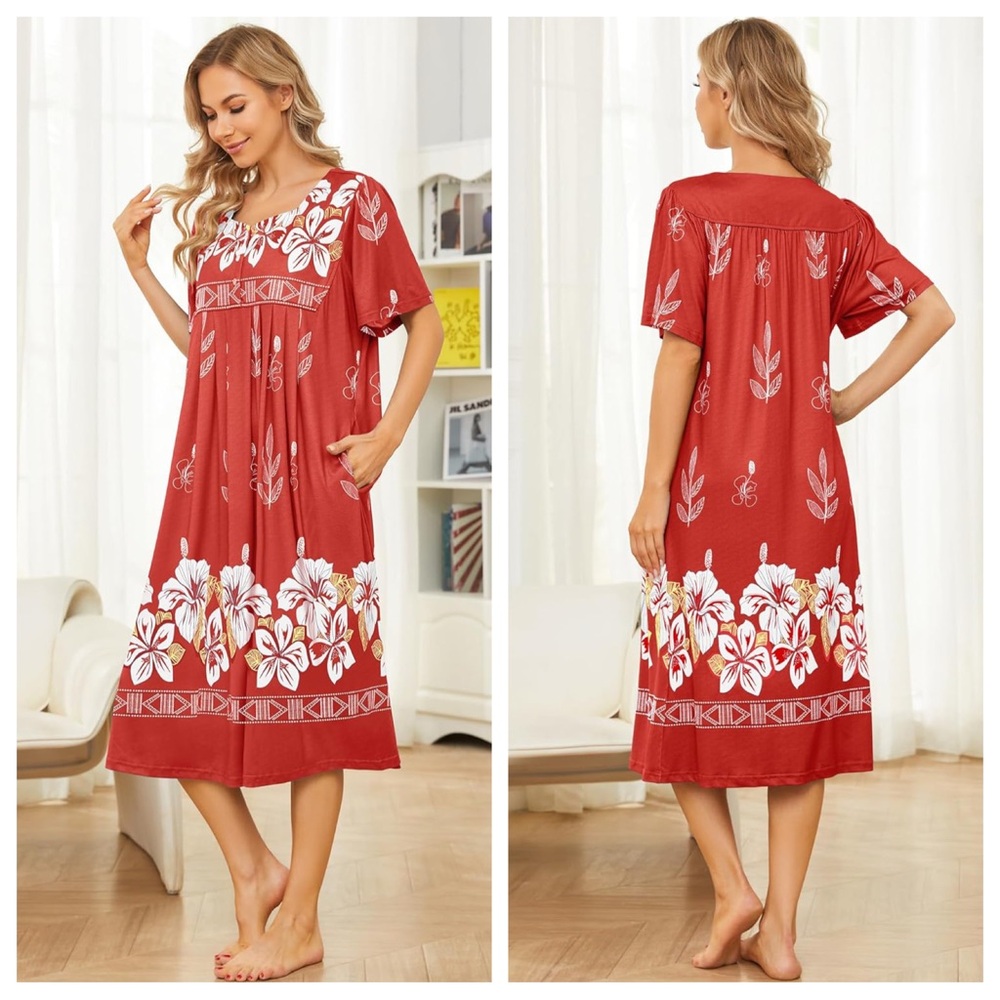 Bloggerlove Red Floral Hawaiian House Dress Women's Large Versatile MuuMuu